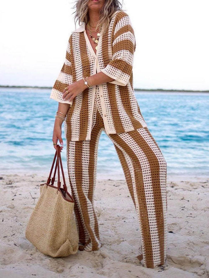 Elara Striped Shirt and Wide Leg Pants Set