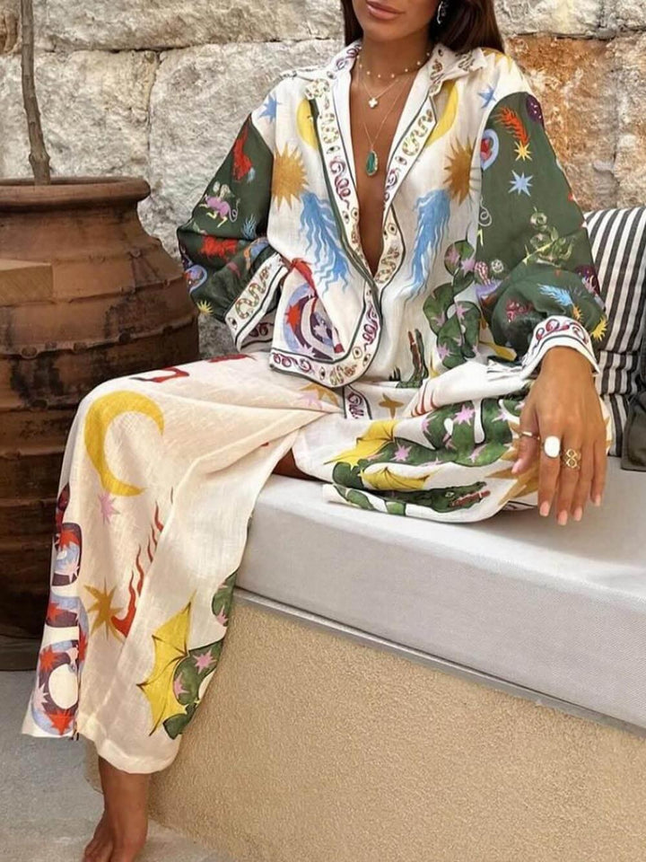Alondra Unique Print Long Sleeve Shirt and Elastic Waist Pants Set