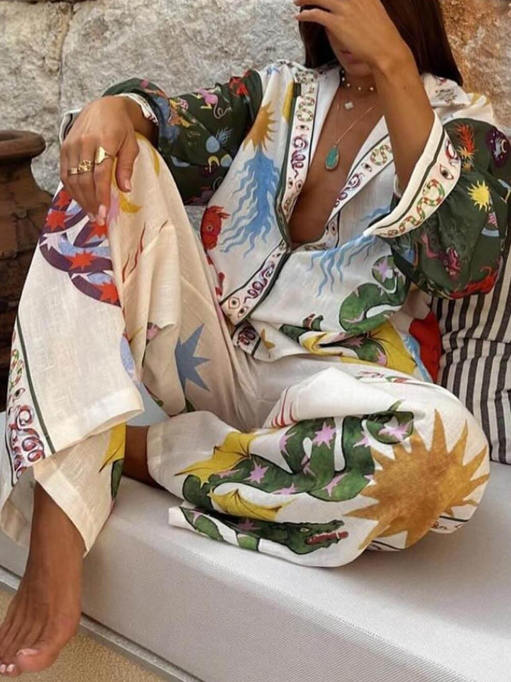 Alondra Unique Print Long Sleeve Shirt and Elastic Waist Pants Set