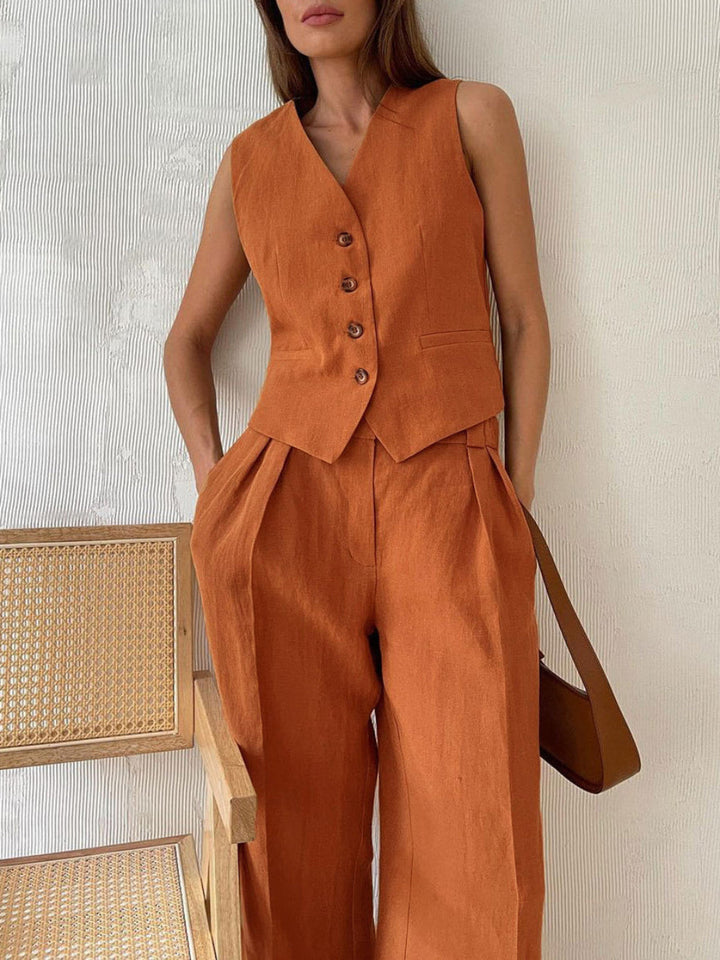 Sarah V-neck Pleated Wide-leg Pants Suit