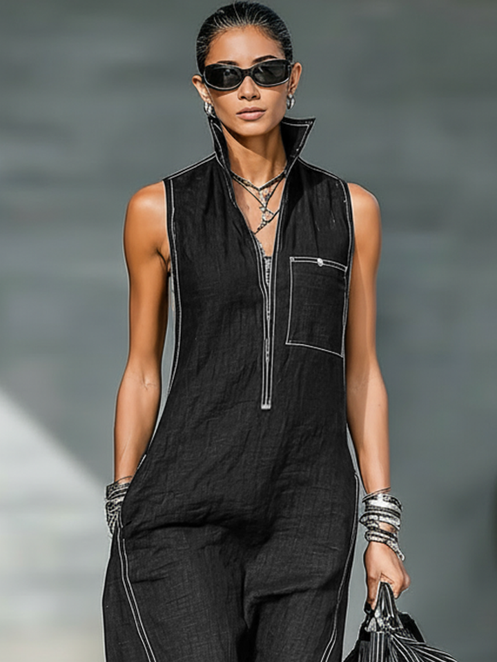 Annie | Sleeveless Jumpsuit with White Trim