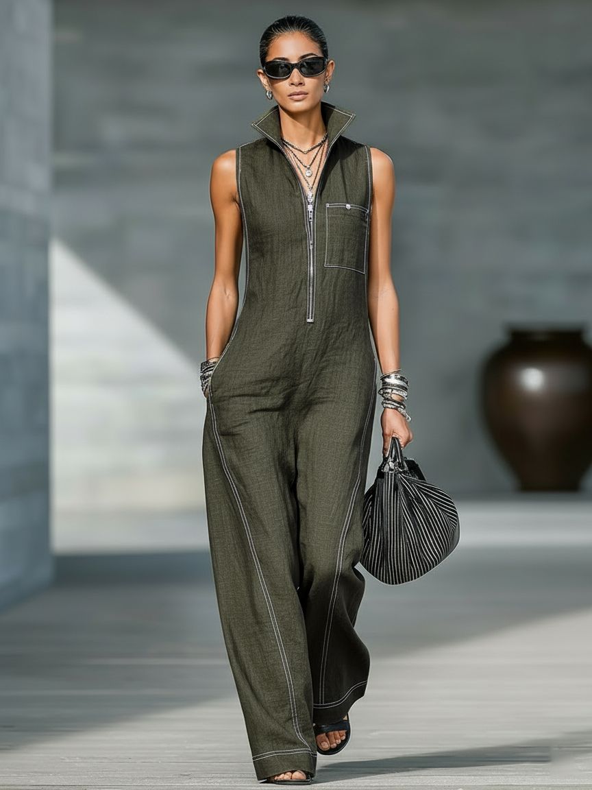 Annie | Sleeveless Jumpsuit with White Trim
