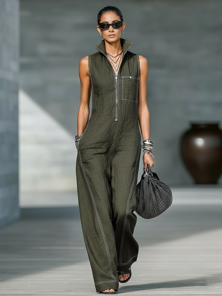 Annie | Sleeveless Jumpsuit with White Trim