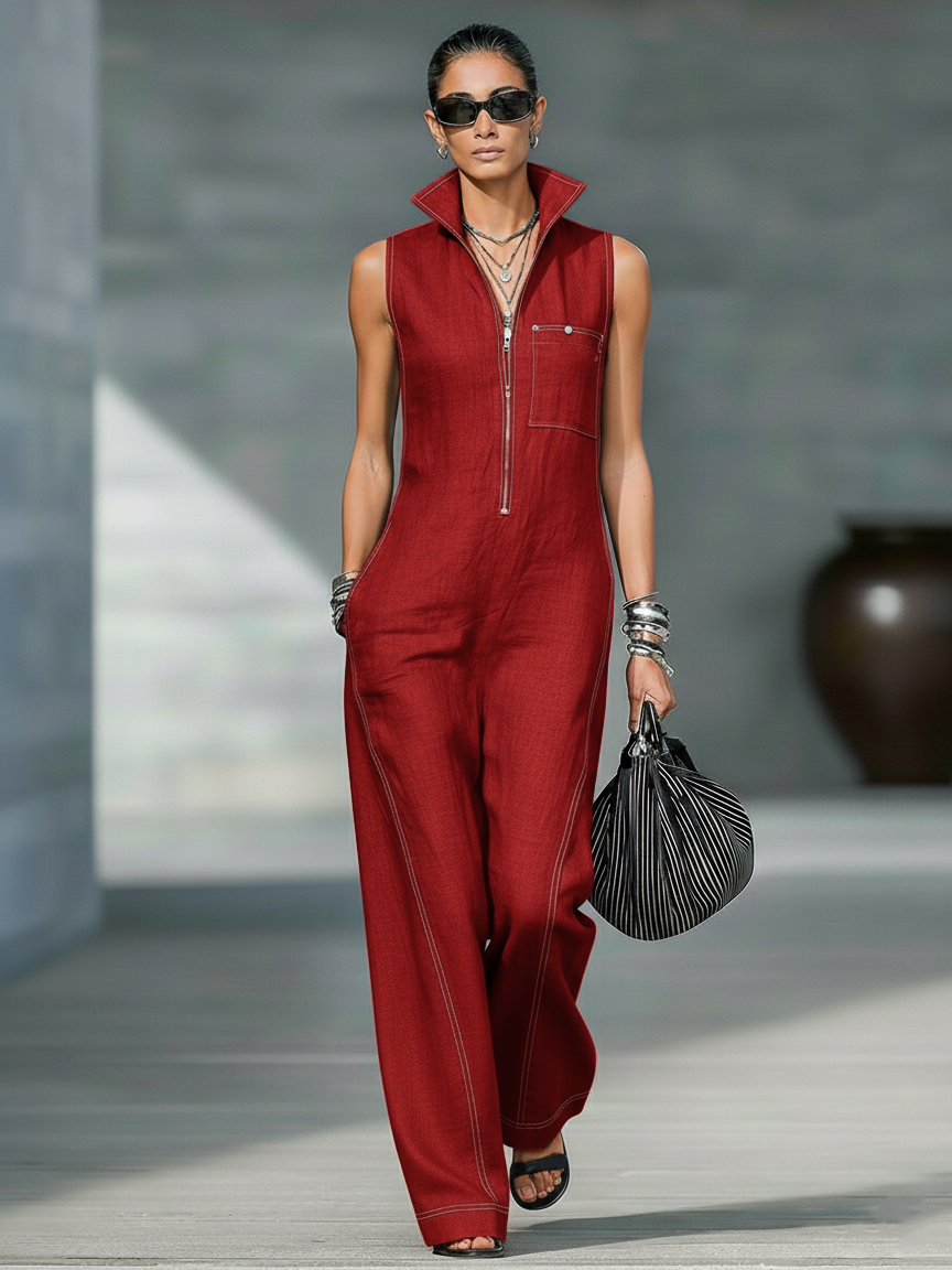 Annie | Sleeveless Jumpsuit with White Trim
