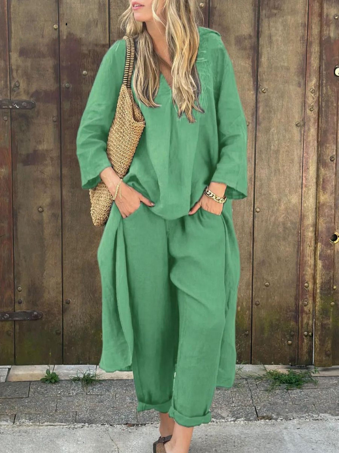 Jenna V-neck Top and Wide-leg Pants Set