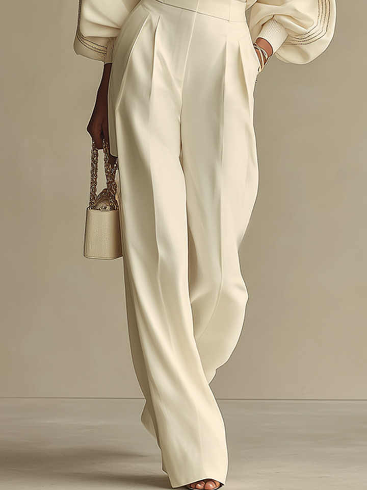 Serenity Ribbed Crew Neck Top and High-waisted Wide-leg Pants Suit