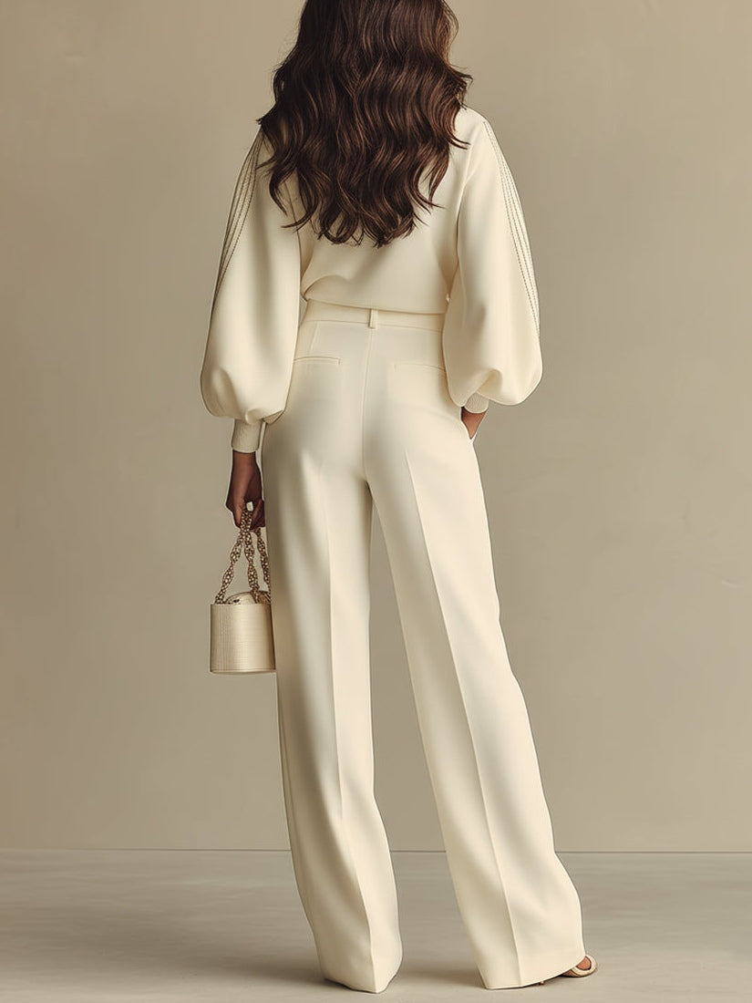 Serenity Ribbed Crew Neck Top and High-waisted Wide-leg Pants Suit