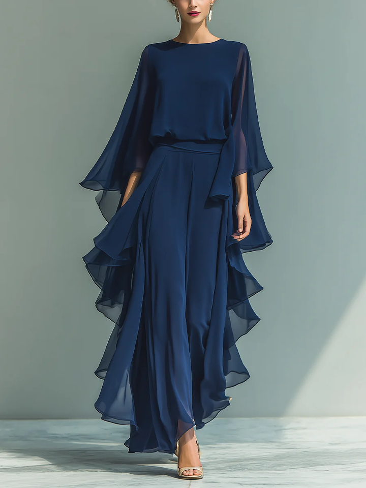 Quinn Chiffon Bell-Sleeve Top and Ruffled Pants Set
