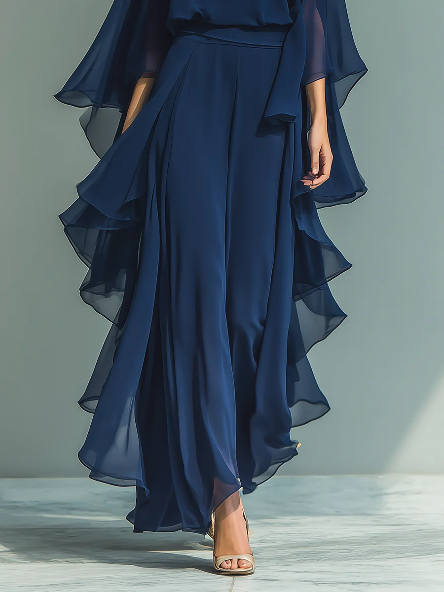 Quinn Chiffon Bell-Sleeve Top and Ruffled Pants Set