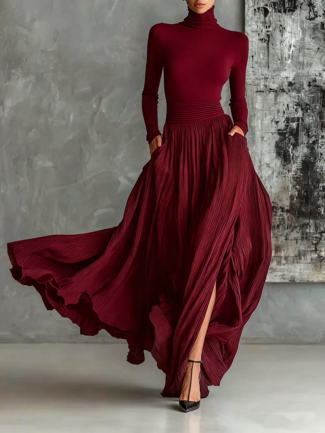 Alison All Black Turtleneck and Pleated Skirt Set