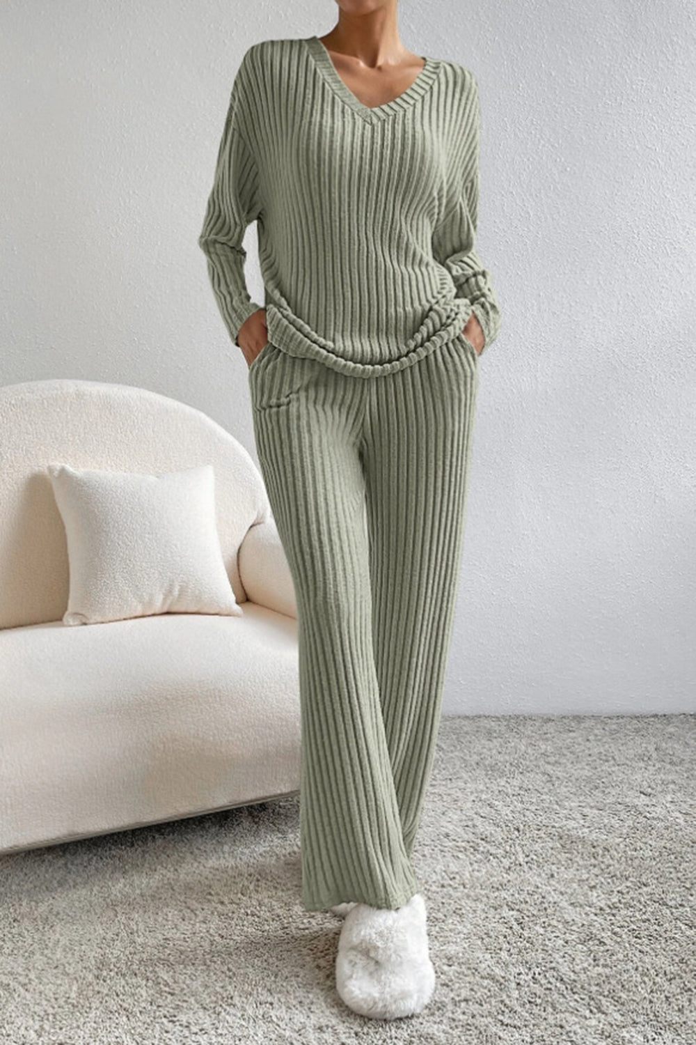 Lyra Ribbed V-Neck Top and Pants Set