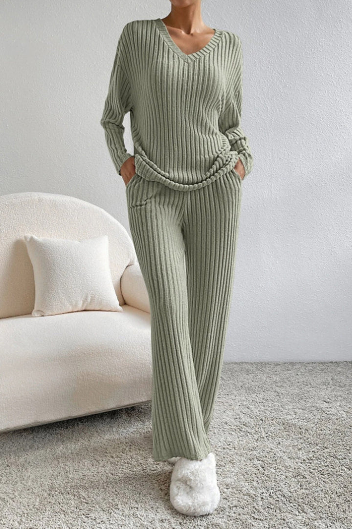 Lyra Ribbed V-Neck Top and Pants Set